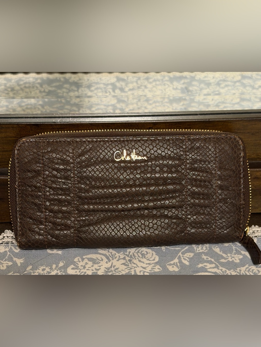 Cole Haan Dark Brown Textured Zip Wallet with Gold Logo